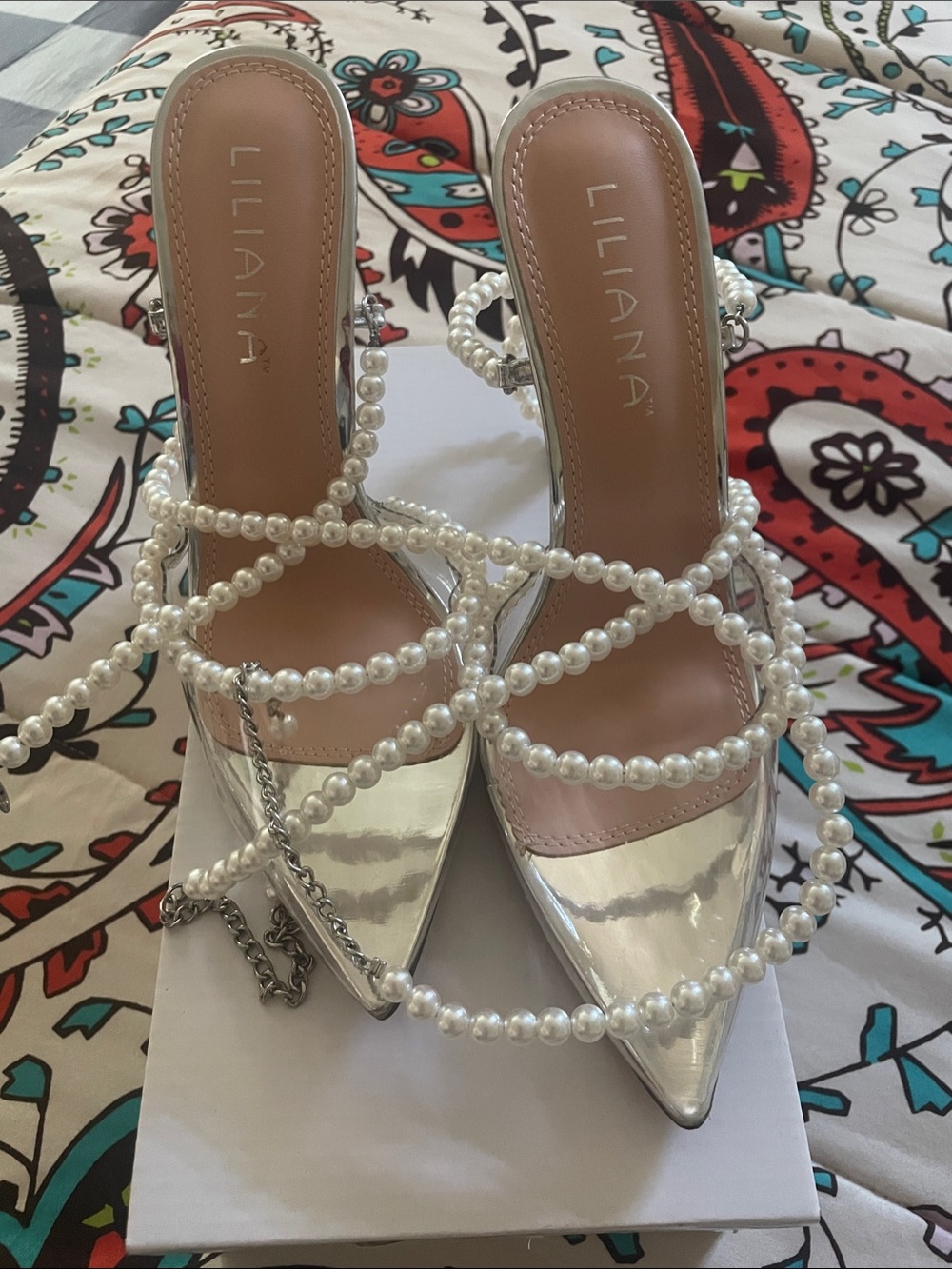 Forever 21 Silver Pearl-Strap Pointed Toe Heels